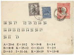 Et gammelt brev med frimerker på. På konvolutten står det tall og bokstaver.